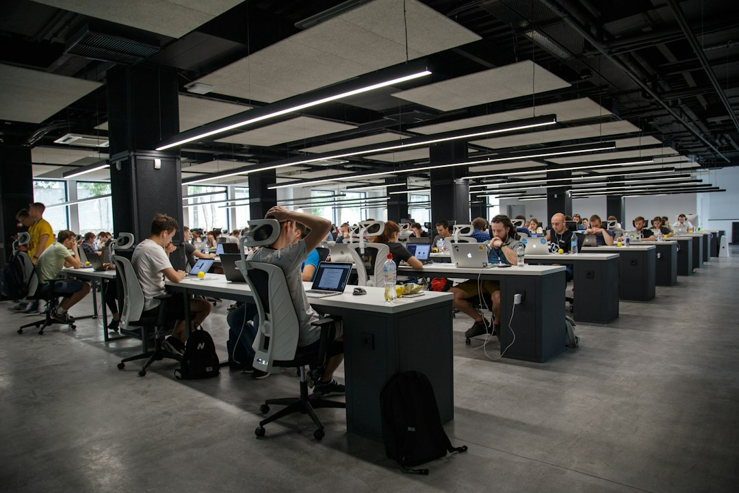 Open office workstations illustrating a commercial call center layout